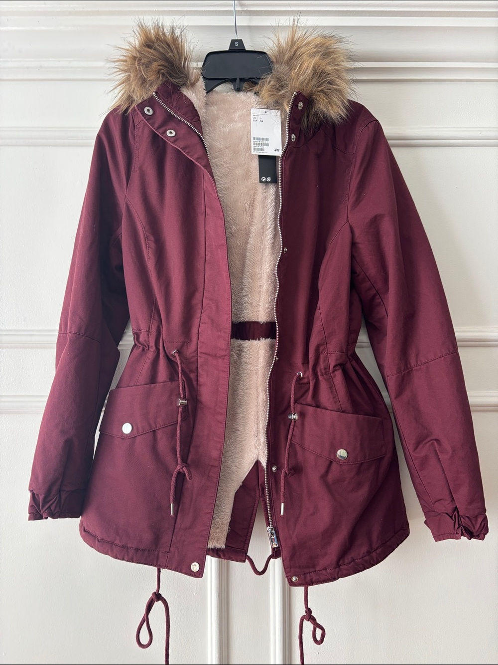 H&M Burgundy Hooded Faux-Fur Trim Parka Jacket
